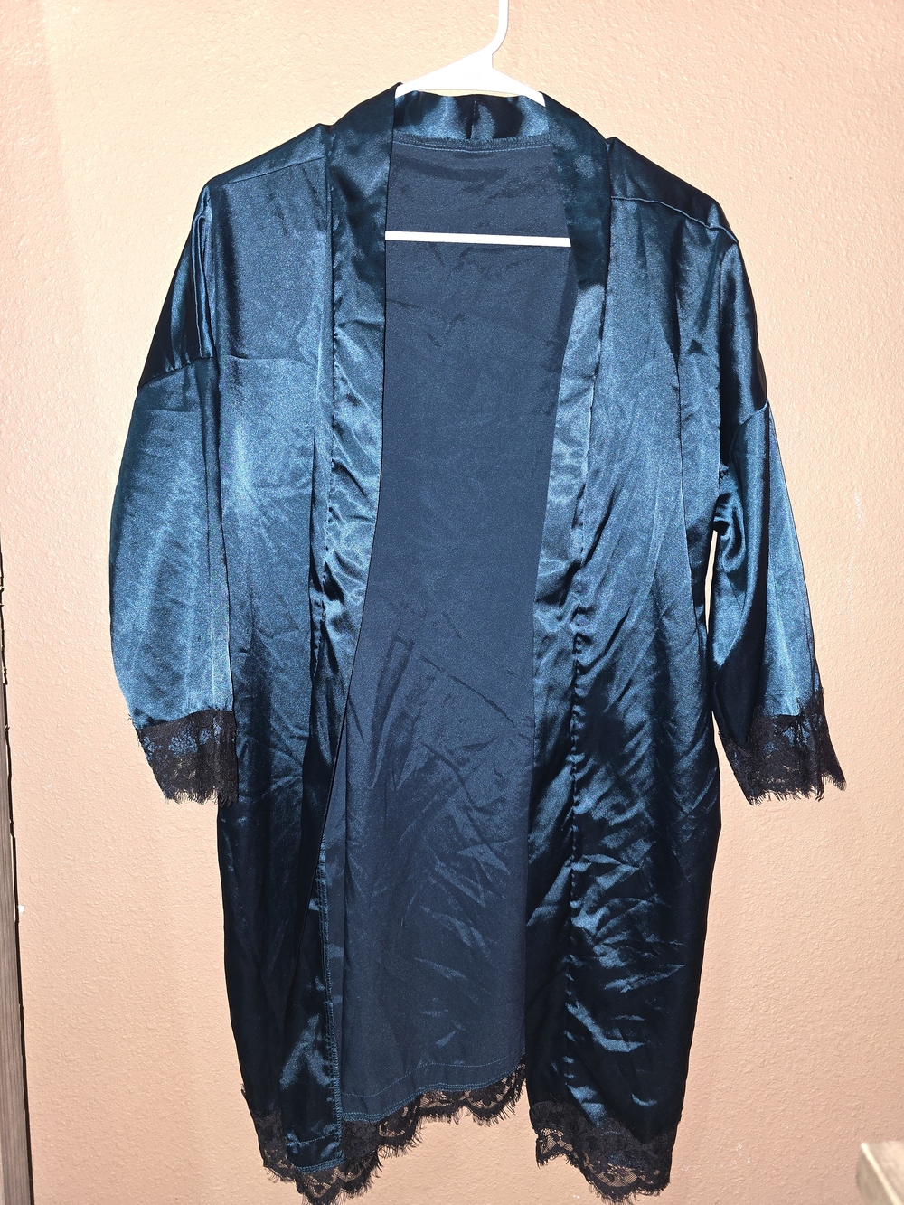 Open-Front Satin Kimono Jacket in Deep Teal